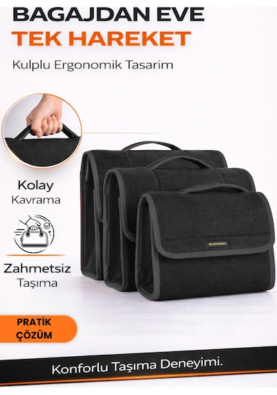 Oto Bagaj Organizer Bagaj Çantası 3'lü Kombo Kaymaz Cırt Bantlı Velur Kompakt - Siyah