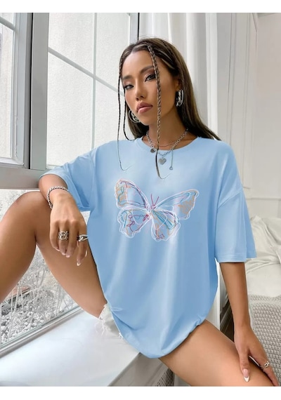 Uyguntarz Unisex Butterfly Baskılı T-shirt Bebe Mavisi