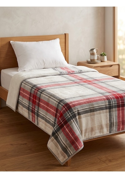 Padişah Tek Kişilik Peluş Battaniye Ekose Desenli Kırmızı Gri Wellsoft 155x215 Cm Çok Renkli