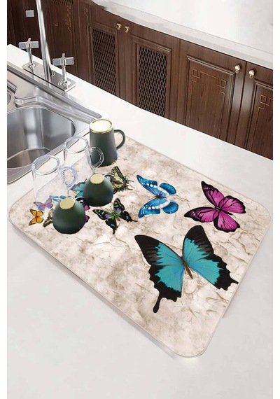 Çok Renkli Kelebekli Microfiber Bulaşık Kurutma Matı Mm027n11
