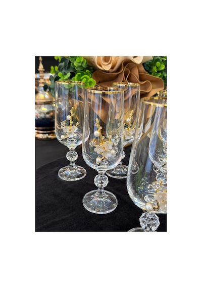 6 Adet Bohemia Kristal Gold Yaldızlı İnci Broşlu Kahve Yanı Su Bardağı Kadeh Altın