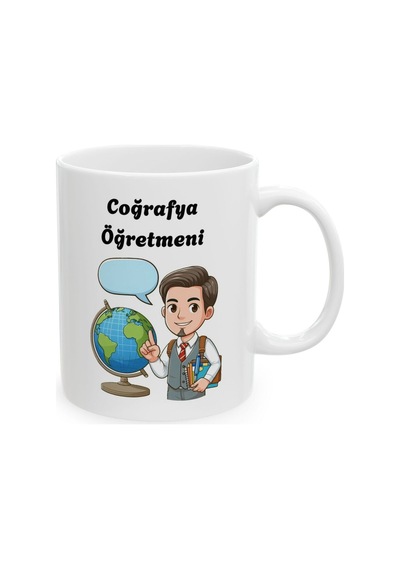 Erkek Coğrafya Öğretmeni Hediyelik Baskılı Porselen Beyaz Lüks Kupa Bardak Beyaz