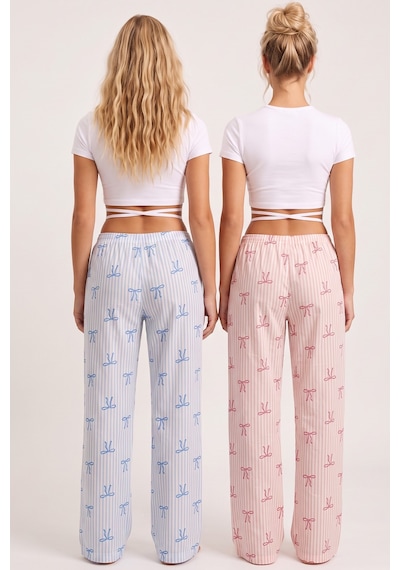 Siyah İnci 2'li Fiyonk Desenli Yumuşak Tuşe Kışlık Örme Tek Alt Pijama Altı 8074 Somon Mavi Fiyonk