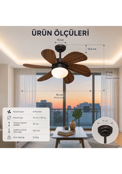 Vanti Kcf280k 6 Kanatlı Ahşap Desenli Uzaktan Kumandalı Avizeli Dekoratif Tavan Vantilatörü