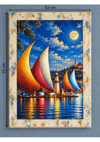 Ahşap Eskitme Çerçeve Desenli Mehtaplı Limanda Yelkenli Temalı Dekoratif Ahşap Tablo 52x72 Cm