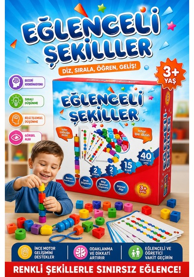Eğlenceli Geometrik Şekiller İpe Boncuk Dizme Oyunu Renk Eşleştirme Eğitici Motor Beceri Oyuncağı