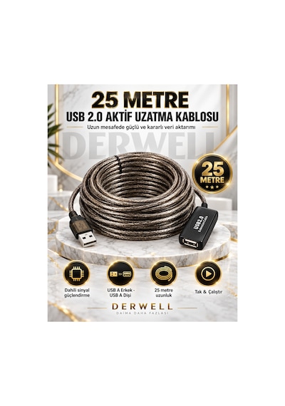 Yeni 2026 25 Metre Usb 2.0 Aktif Uzatma Kablosu Dahili Güçlendirilmiş Sinyal Çipli Kopma Donma Yapmaz Tak Çalıştır Erkek Dişi Yüksek Hızlı Kararlı Veri Aktarım Kablosu Gold Seri Premium