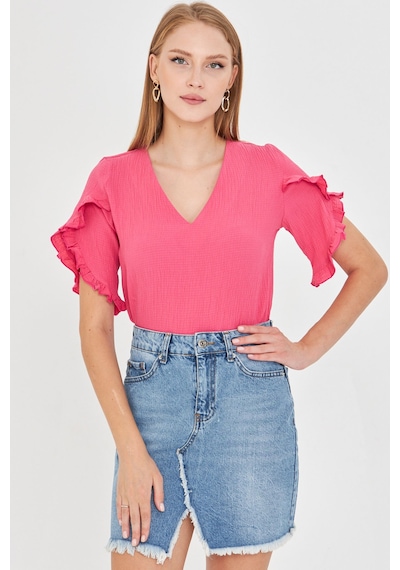 Armonika Kadın Fuşya V Yaka Kolları Fırfırlı Kısa Kol Bluz Arm-25y001070 Armonika Kadın Fuşya V Yaka Kolları Fırfırlı Kısa Kol Bluz Arm-25y001070