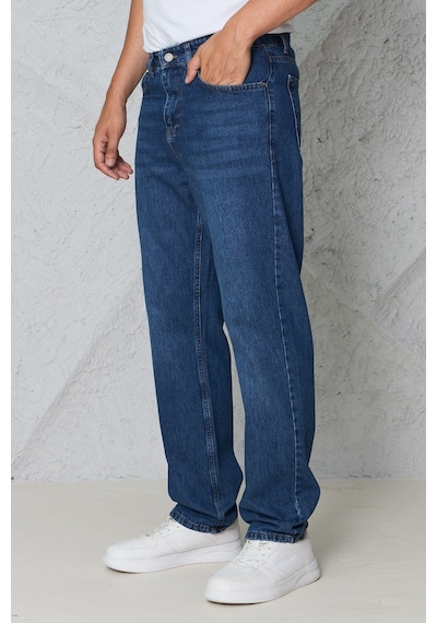 Blayn Jeans Erkek Antrasit Baggy Kot Pantolon - Geniş Kalıp Günlük Rahat Denim Jean Koyu Toz Mavi