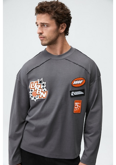 Grimelange Tıtus Erkek Organik Pamuklu Aplikeli Uzun Kollu Gri T-shirt