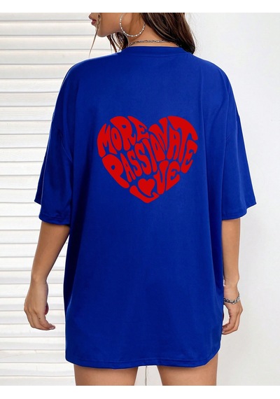 Unisex Yazılı Kalp Baskılı Tasarım Tshirt Mavi