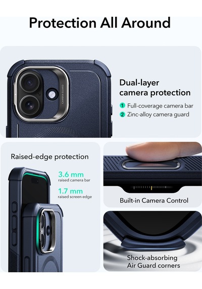 Esr Apple Uyumlu iPhone 17 Cyber Tough Manyetik Kılıf Kamera Kontrol Özellikli Stantlı Lacivert