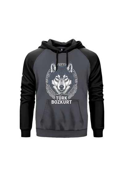 Türk Bozkurt Yazılı Detaylı Kurt Başı Baskılı Gri Renk Reglan Kol Sweatshirt Kapşonlu
