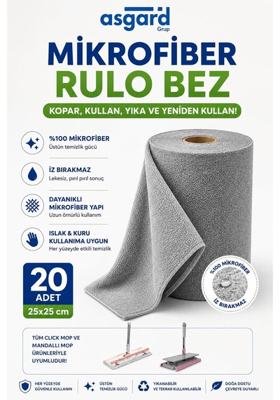 20'li Rulo Gri Renk Mikrofiber Temizlik Bezi 25x25 Cm Kopart Kullan Mikrofiber Bez Leke Tutmaz Tekrar Kullanılabilir Çok Renkli