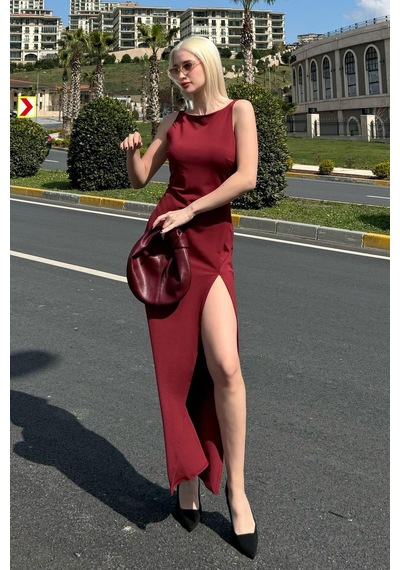 Madmext Bordo Maxi Boy Yırtmaç Detaylı Kadın Elbise Mg2367 Bordo