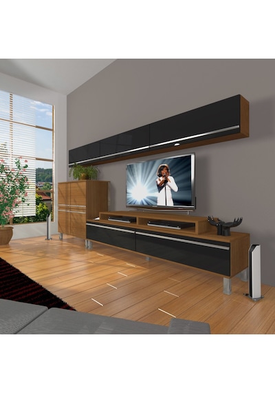 Decoraktiv Ekoflex 8 Mdf Krom Ayaklı Tv Ünitesi Tv Sehpası Ceviz - Siyah