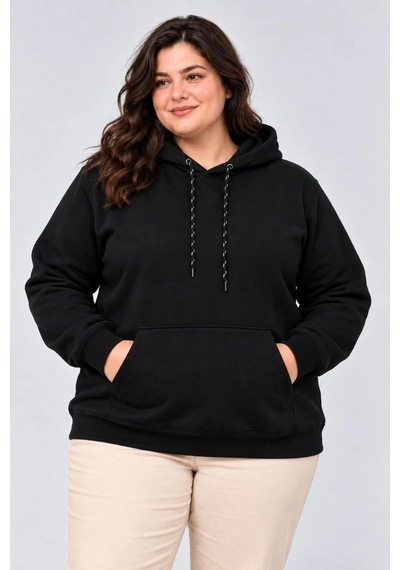 Moda Kadın Battal Büyük Beden Üç İplik İçi Şardonlu Kapüşonlu Kanguru Cepli Kışlık Sweatshirt - Siyah Çok Renkli