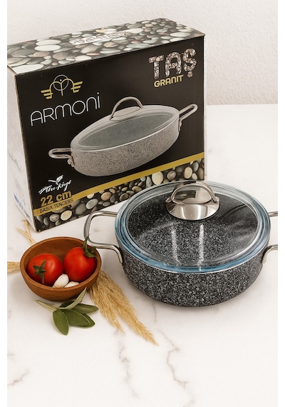 Taş Granit 32 Cm Basık Pilav Tenceresi Yanmaz Yapışmaz, Döküm Granit - Kaliteli Ürün-6 Gri