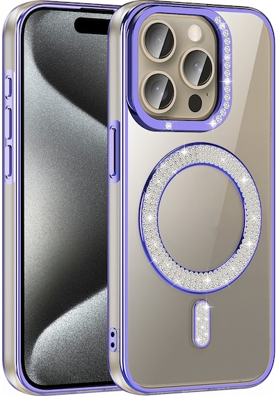 Apple Uyumlu iPhone 15 Pro Kılıf Pırlanta Taş Tasarımlı M-safe Şarj Özellikli Karetta Silikon Kılıf Mor