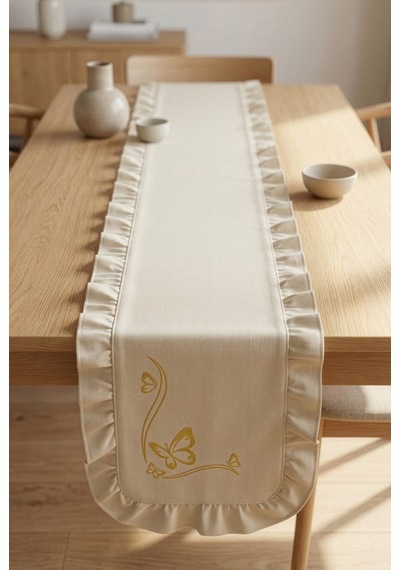 Nakış Detaylı Fırfırlı Masa Runner 40x120 Cm Şık Dekoratif Masa Ve Konsol Örtüsü Açık Krem