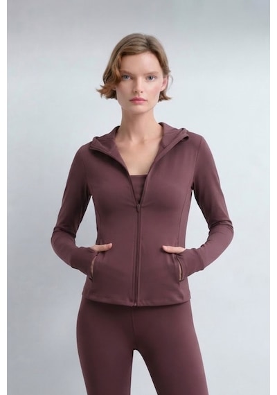 Soft&Basic Fit Yumuşak Dokulu Fermuarlı Kapüşonlu Cepli Parmak Geçirmeli Detaylı Hırka Bordo