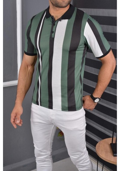 Mcz Giyim Beyaz - Yeşil Renk Polo Yaka Slim Fit Erkek T-shirt Beyazyeşil