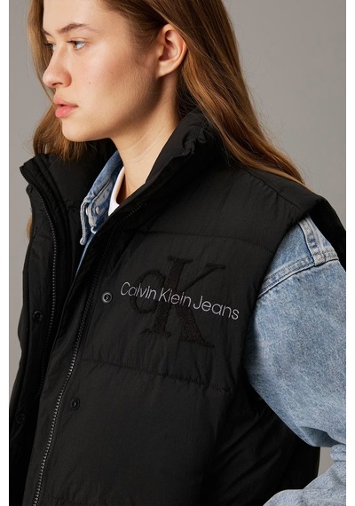Calvin Klein Sport Full Zip Chenille Logo Puffer Vest Kadın Şişme Yelek Siyah Siyah
