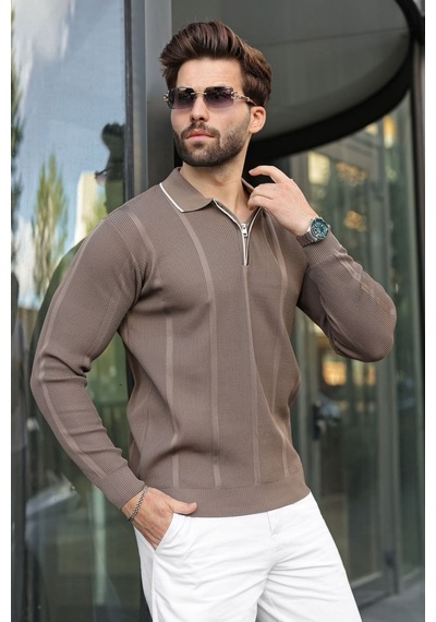 Madmext Açık Kahverengi Polo Yaka Yarım Fermuarlı Fitilli Erkek Triko Kazak E7515 Madmext Açık Kahverengi Polo Yaka Yarım Fermuarlı Fitilli Erkek Triko Kazak E7515