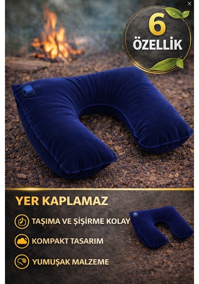 Lacivert Şişme Seyahat Boyun Yastığı Uçak Araç Kamp İçin Ergonomik Taşınabilir Travel Yastık