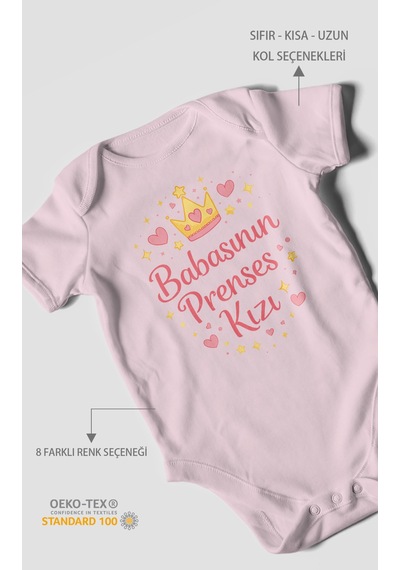 Morivokids Babasının Prenses Kızı Kısa Kollu Bebek Body %100 Pamuk Bebe Pembe
