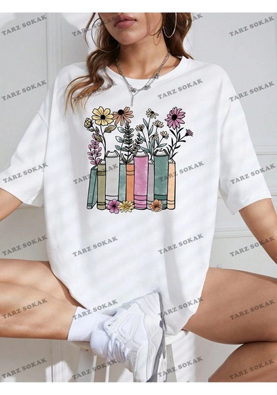 Startmore Unisex Bay Çiçek Desenli Düşük Omuz Tişört Kod-1315 Beyaz