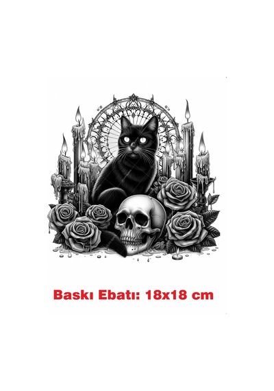 Siyah Kedi Gotik Temalı Ütü İle Yapışan Tekstil Kumaş Tişört Dtf Baskı 3531