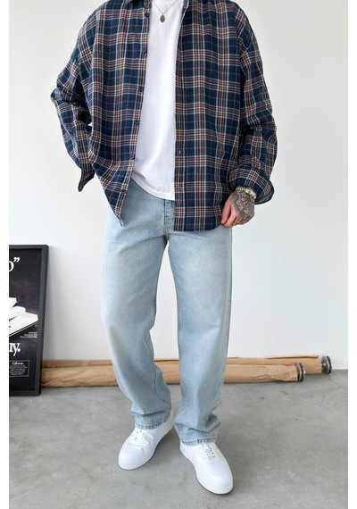 Eskitme Buz Mavi Basic Baggy Fit Pantolon Mavi