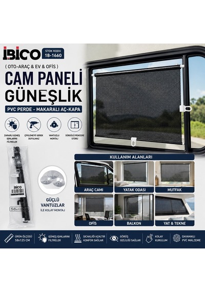 İbico İ13-144 Güneşlik 58x125cm Ofis Oto-araç Pvc Perde Cam Paneli Vantuzlu Montaj Makaralı Aç-kapa