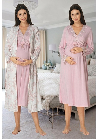 Kadın Pudra Sabahlıklı Hamile Lohusa Gecelik Takım, L, Ef8095ef-86d0018319244 Açık Bej - Beyaz