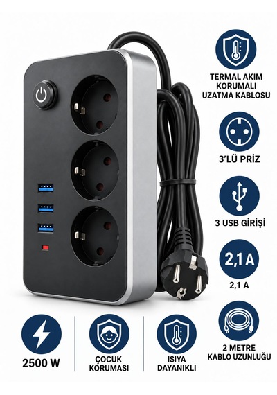 Termal Akım Korumalı Uzatma Kablosu 2 Metre Kablolu 3 Lü Priz 3 Usb Giriş 2.1 A Isıya Dayanıklı Çocuk Koruması 2500watt Ev Ofis
