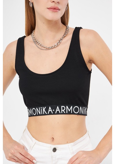 Armonika Kadın Siyah Beli Lastik Detaylı Crop Bluz Arm-24y001104