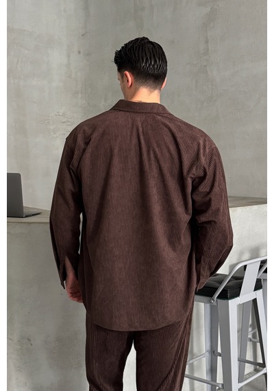 Erkek Oversize Kesim Kadife Gömlek Kahverengi
