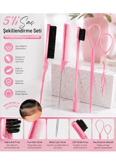 Sleekbun Saç Şekillendirme Tarak seti 5'li Topuz ve Bebek Saç Şekillendirme Pembe