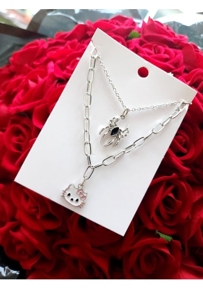 Hello Kitty Spiderman Çift İkili Sevgili Kolyesi 60 Cm Gümüş Kapl Çok REnkli