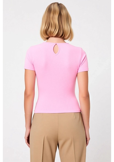 Benerly Kadın Bluz Bisiklet Yaka Kısa Kol Fitted Kalıp Örme Kumaş Aksesua Pembe