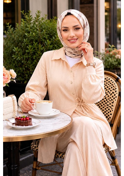 Hb Harma Time Butik Kadın Düğmeli Kuşaklı Çilek Kumaş Tunik Pantolon Krem İkili Takım