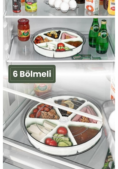 360 Derece Döner Kapaklı 6 Bölmeli Beyaz Kahvaltı Sunum Saklama Tabağı Kabı Mıt1289 Şeffaf