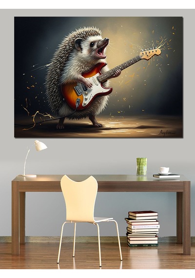 Ahşap Tablo Gitar Çalan Küçük Kirpi Karakteri Yiyecek Ve İçecek Tabloları