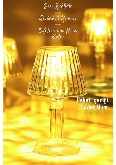 3 Adet Led Mum Kristal Tip Pil Dahil Ledli Dumansız Alev Yapay Dekoratif Mum Dekor Işığı Şeffaf P288 Çok Renkli