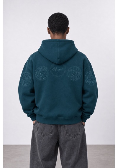 Respire Erkek Rosette Nakışlı Oversize Hoodie Zümrüt Zümrüt Yeşili