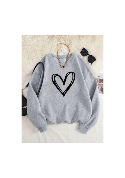 Herkesemoda Kalp Baskılı Bisiklet Yaka İçi Polarlı Sweatshirt Gri
