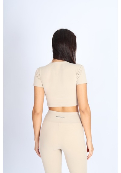 Kadın Organik Kumaş Bisiklet Yaka Vücuda Oturan Slim Fit Atlet Bluz Bej