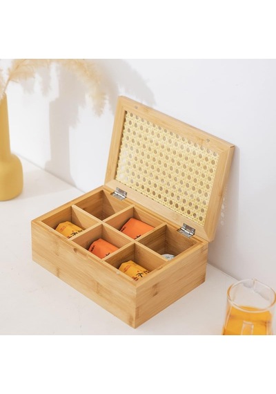Orjinal Bambu Organizer, Çay Kutusu, Takı Kutusu, Mıknatıslı Kapak, Premium Kalite 6 Bölmeli