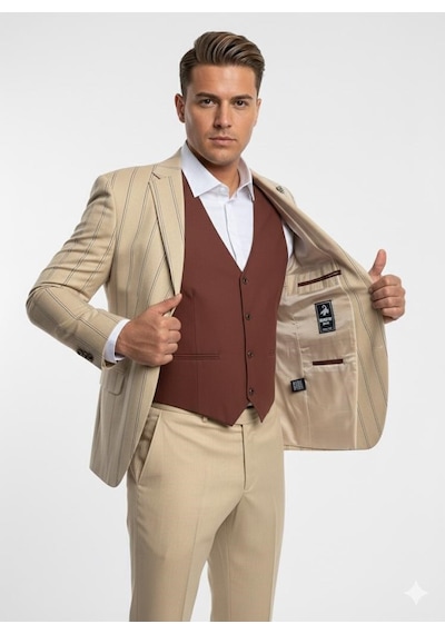 Erkek Çizgili Takım Elbise 3 Lü Set Ceket + Yelek + Pantolon Slim Fit İtalyan Tarz Açık Bej Erkek Çizgili Takım Elbise 3 Lü Set Ceket + Yelek + Pantolon Slim Fit İtalyan Tarz Açık Bej